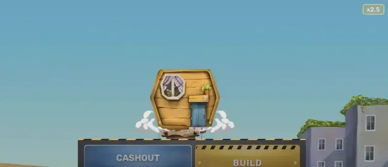 Close-up of a Tower Rush floor landing on the stack with the multiplier at x2.5