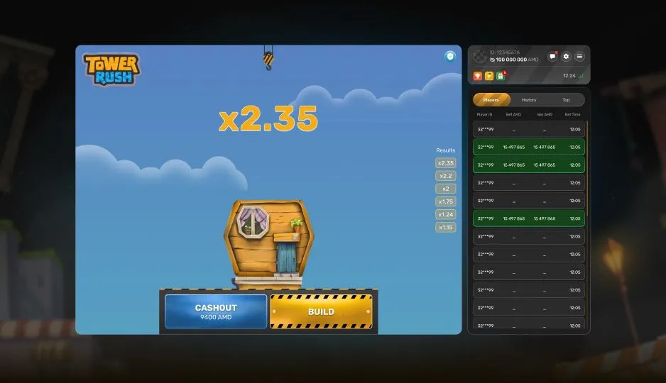 Tower Rush game screen at x2.35 with the CASHOUT and BUILD buttons under the tower