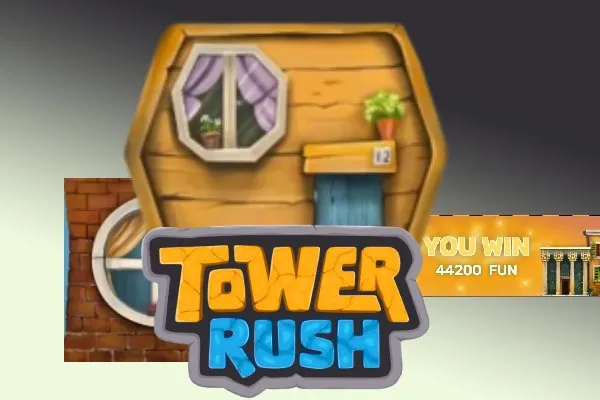 Tower Rush logo beside a wooden floor tile and a 44,200 FUN demo win banner