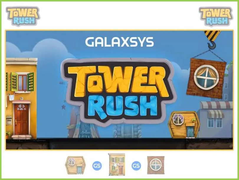 Galaxsys promo screen for Tower Rush showing the title over wooden, brick and stone floor tiles