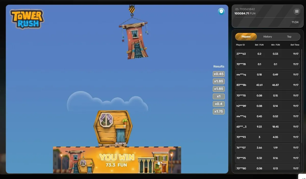 Tower Rush live players table listing bets and wins in FUN beside a finished round