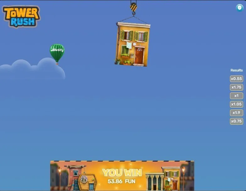 Tower Rush round ending with 53.86 FUN and a results column of multipliers from x0.55 to x1.9