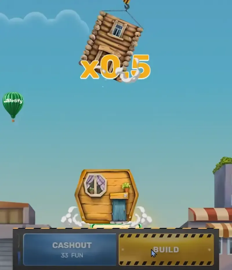 Tower Rush floor landing at x0.5 while the cursor hovers over the BUILD button