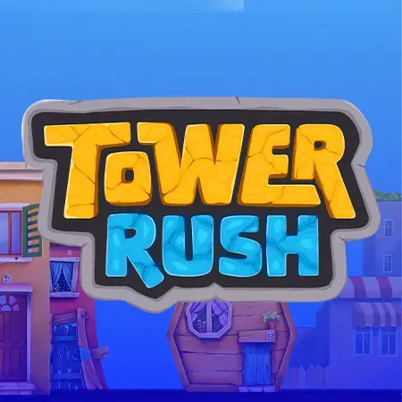 Tower Rush cover art with the game logo above a cartoon street of houses