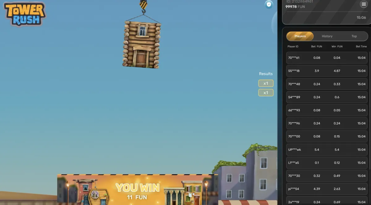 Tower Rush demo round ending with an 11 FUN win while the next floor hangs from the crane