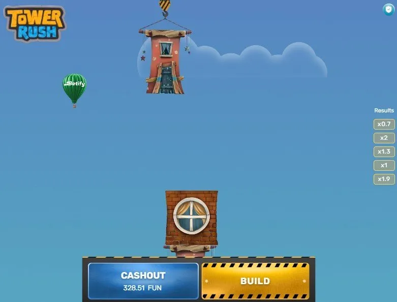 Tower Rush round in progress with 328.51 FUN on the cashout button and the recent results list on the right